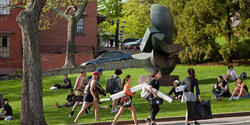 Campus view, Rhode Island School of Design. Students walking up the hill.