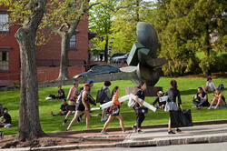 Campus view, Rhode Island School of Design. Students walking up the hill.