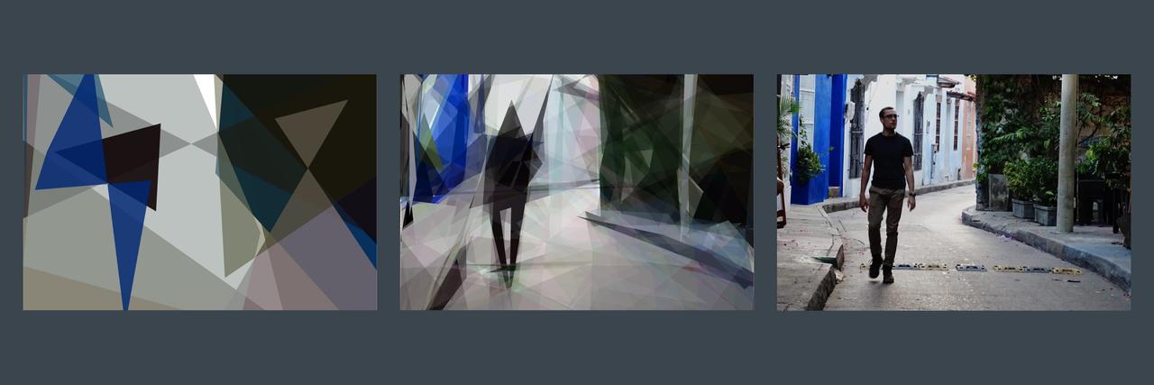 A window of three images. On the right is a photo of a man in a dark t-shirt and light trousers walking in a narrow street. The curving street is lined with brightly coloured terraced houses facing straight onto the pavement, with green trees in large pots on the other side. The images left and in the middle consist of multiple colored semi transparent polygons, made from the key colours of the mans clothes, the houses and the plants. These polygons were randomly initiated, then randomly mutated. However, only if the mutation made the image look more like the original it was kept, otherwise the image was reverted to the previous step. The image on the right is the original, the image on the left is an early stage of the evolution process, the image on the right is a late stage of the evolution process.