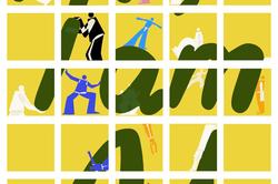 This image features a grid of 35 square tiles with blue, pink, burgundy and orange figures inside the tiles interacting with dark green letters of the phrase "Hi, I am AI” set against a yellow background. The figures are positioned in various poses, as if they are climbing, pushing, or leaning on the letters.