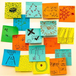 Seventeen multicoloured post-it notes are roughly positioned in a strip shape on a white board. Each one of them has a hand drawn sketch in pen on them, answering the prompt on one of the post-it notes "AI is...." The sketches are all very different, some are patterns representing data, some are cartoons, some show drawings of things like data centres, or stick figure drawings of the people involved. Rick Payne and team / Better Images of AI / Ai is... Banner / CC-BY 4.0
