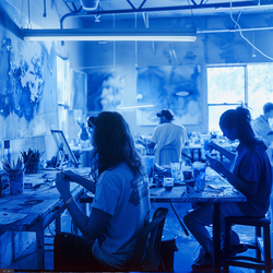 Students in a studio space. Image generated by Midjourney.